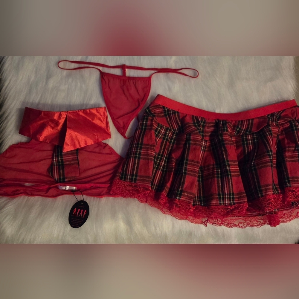 AvidLove Red Plaid Sheer Lingerie Set (Thong, Skirt, Top w/ Tie)